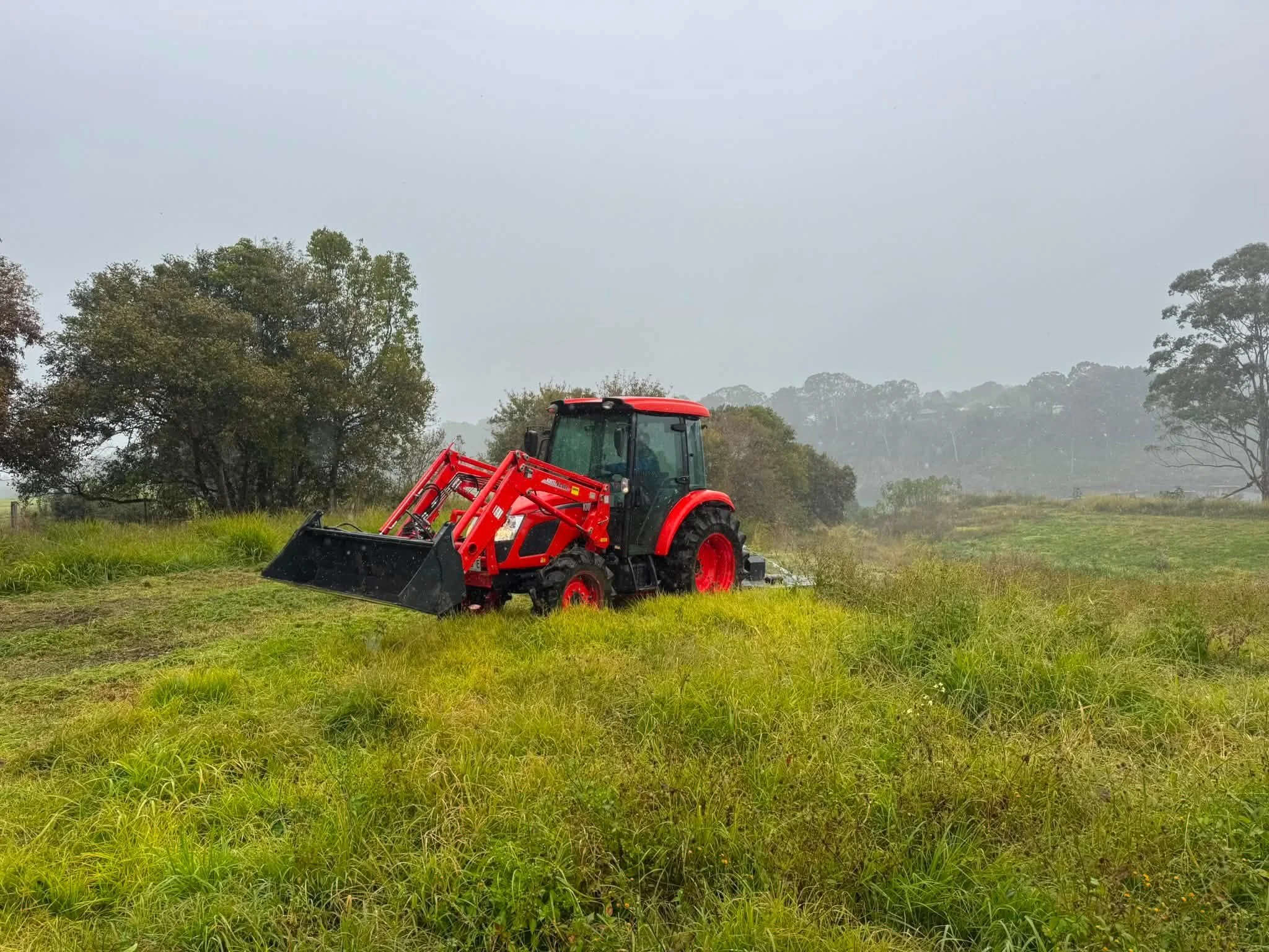 A red tractor with a front loader attachment working on a grassy field with trees in the background and gray overcast sky.