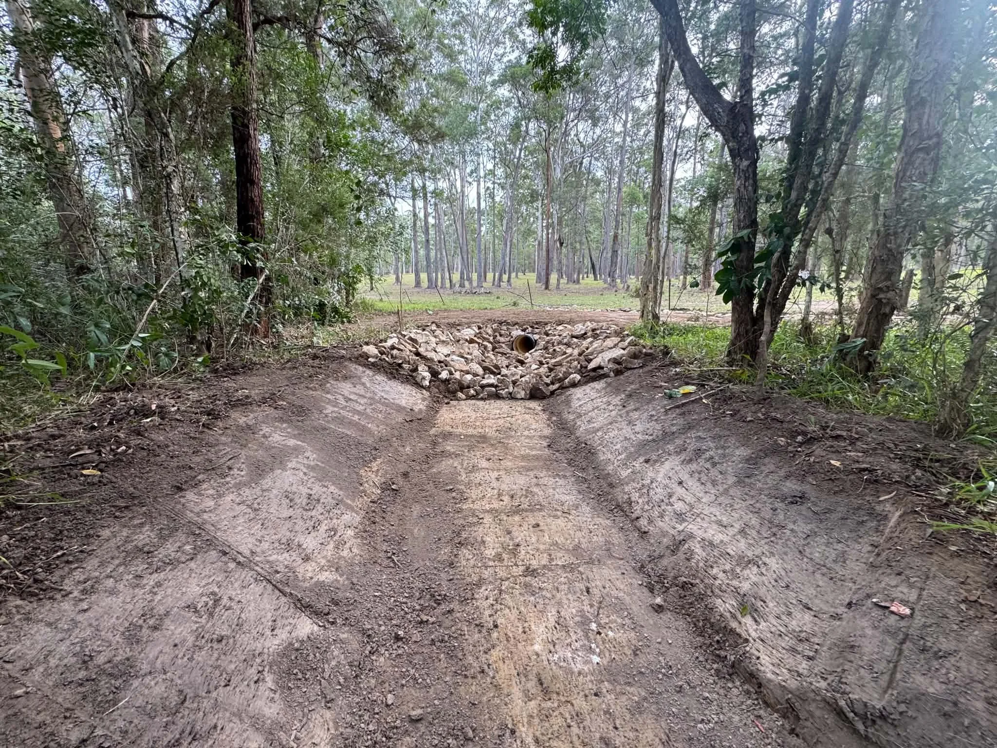 A dirt path leading into a forested area with trees and greenery.