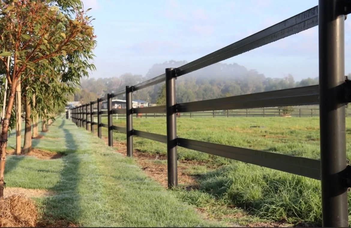 A grassy path running parallel to a black metal fence with trees lining the left side and open field on the right, under a partly cloudy sky.