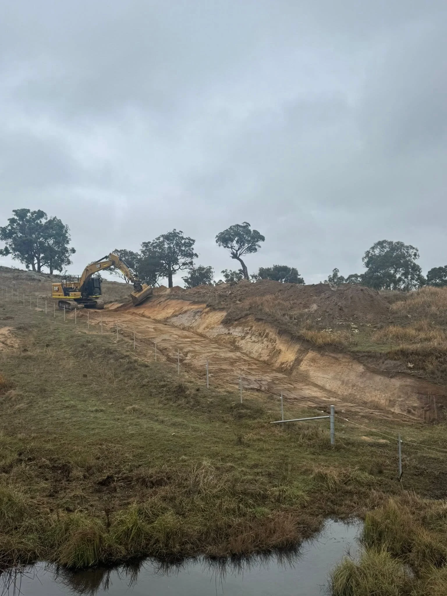 A construction excavator digging on a hillside with sparse trees and a cloudy sky overhead, alongside a small body of water in the foreground.