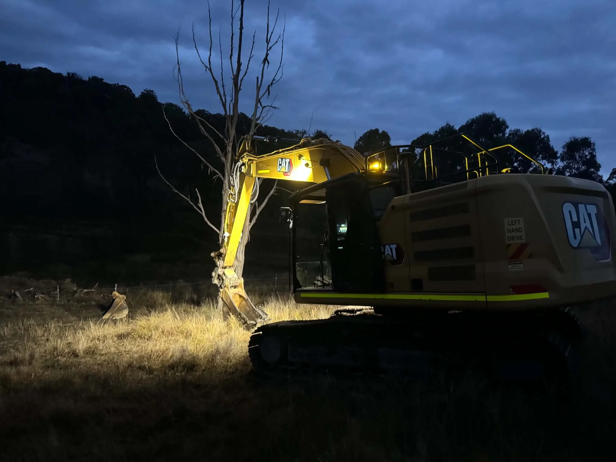 A construction excavator at work during dusk, with a leafless tree and cloudy sky in the background.