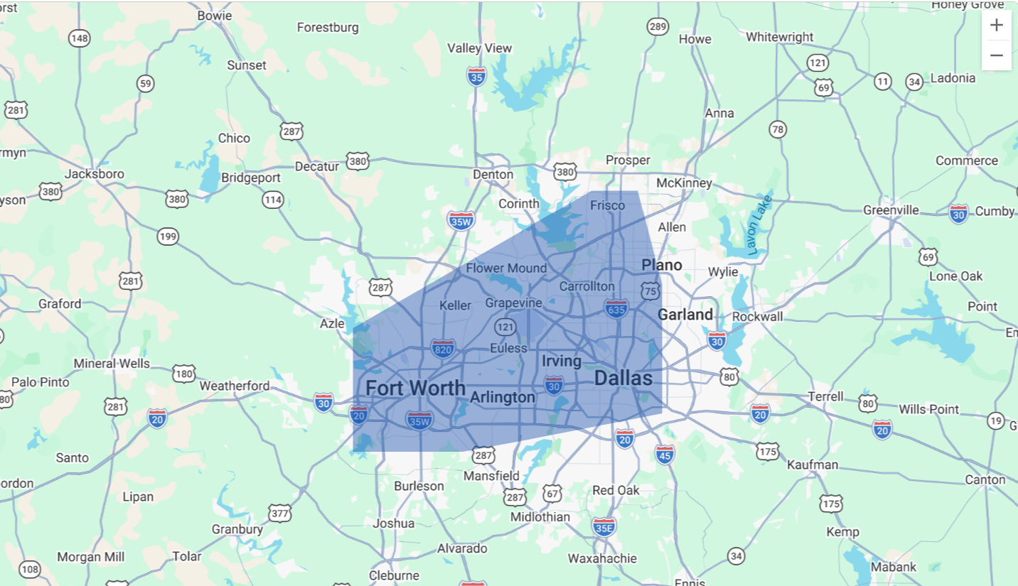 Map highlighting the Dallas-Fort Worth metroplex in Texas with a blue shaded area covering Dallas, Fort Worth, Arlington, Irving, Carrollton, Plano, and surrounding cities.