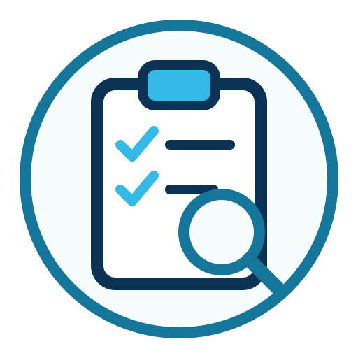 Icon of a clipboard with two checkmarks and a magnifying glass.
