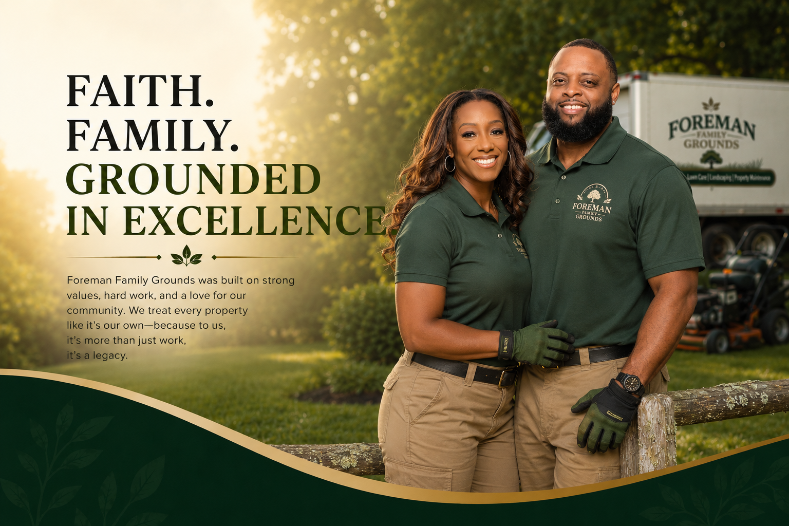 A smiling African American man and woman standing outdoors, wearing green polo shirts with 'Foreman Family Grounds' logo, with a truck in the background, promoting a landscaping and property maintenance company.