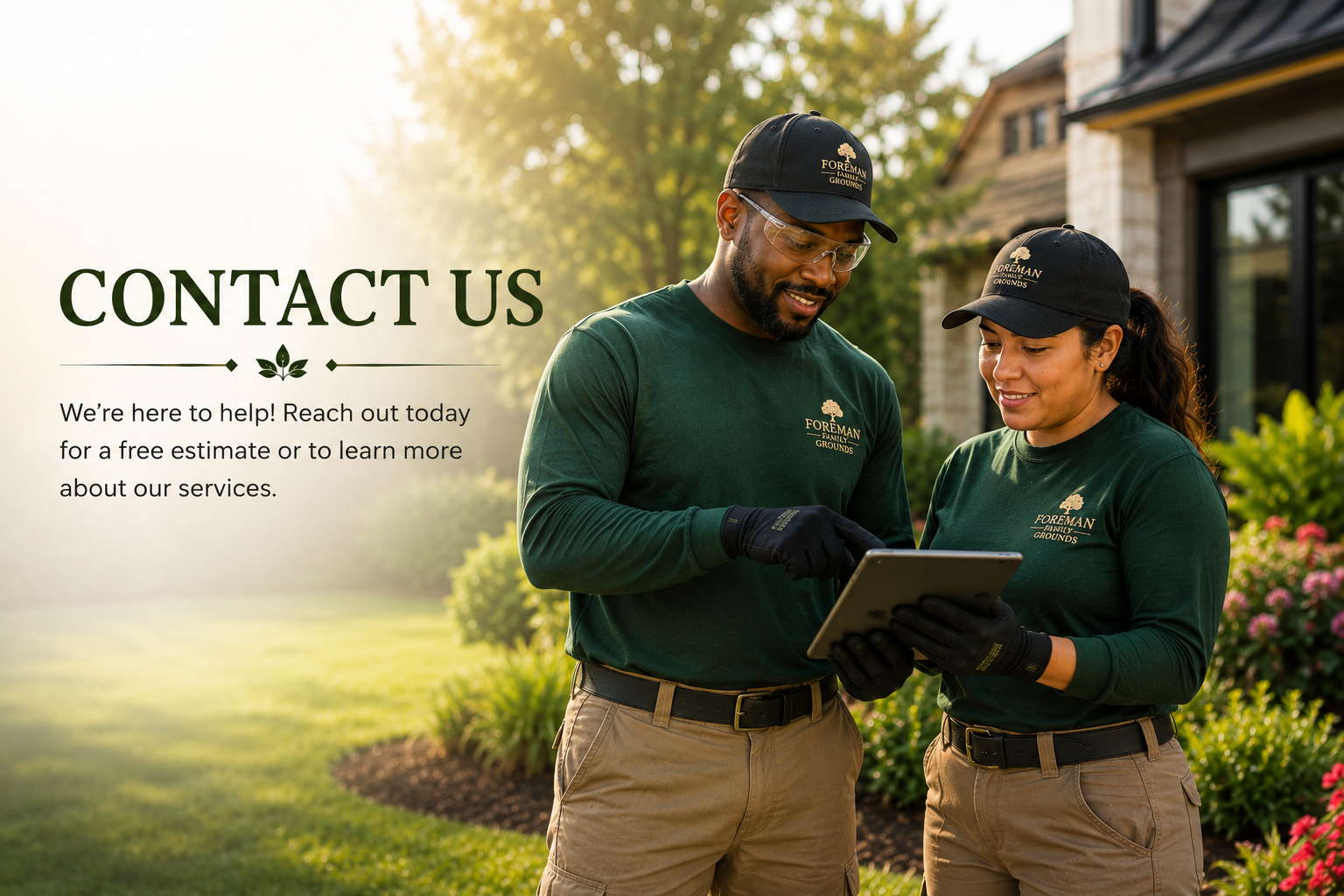 Two smiling groundskeepers, a man and a woman, wearing matching green shirts and black caps with 'Foreman Family Grounds' logo, stand outdoors in front of a house with lush plants and trees, looking at a tablet together.