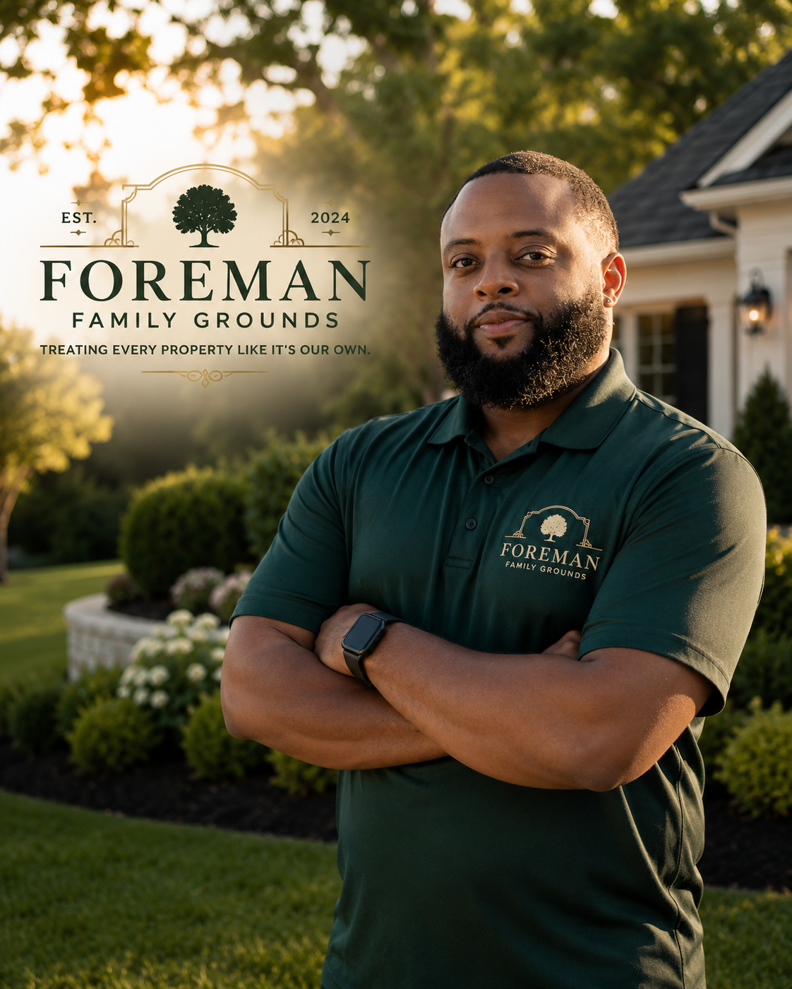 A man standing outdoors with arms crossed, wearing a dark green polo shirt with a 'Foreman Family Grounds' logo, in front of a house and garden during sunset, with a graphic overlay promoting Foreman Family Grounds established in 2024, treating every property like it's their own.