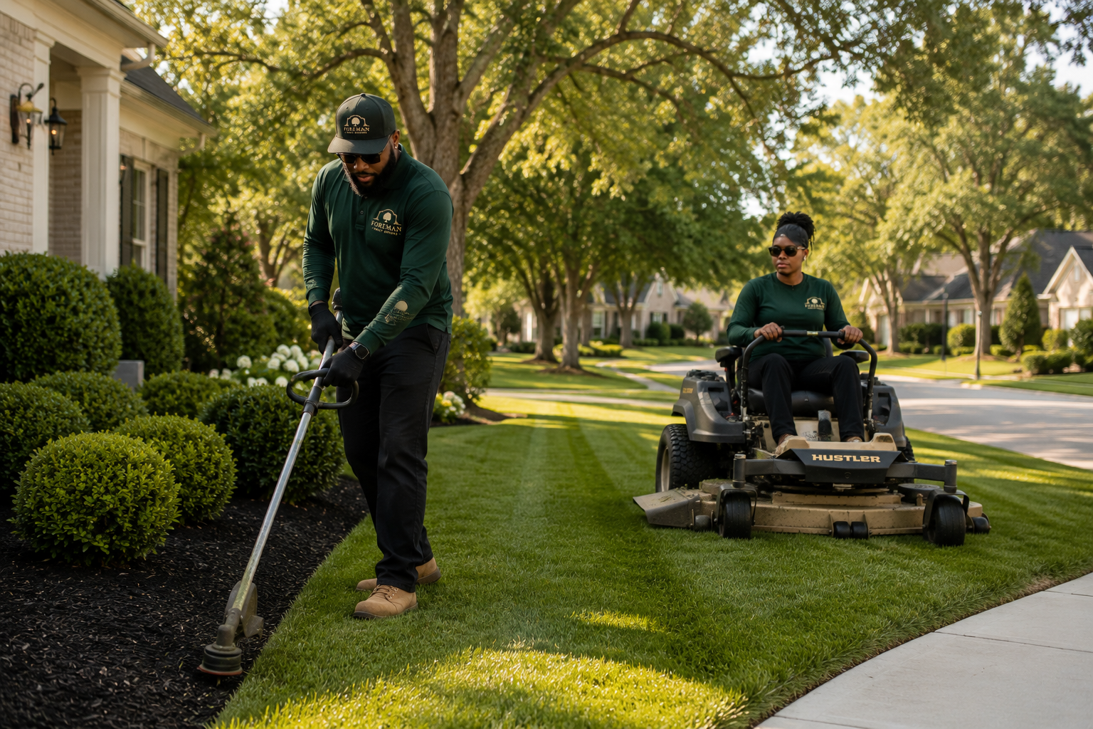 A man and a woman working on landscaping in a residential neighborhood with trees and houses in the background. The man is using a grass trimmer, and the woman is operating a riding lawn mower.