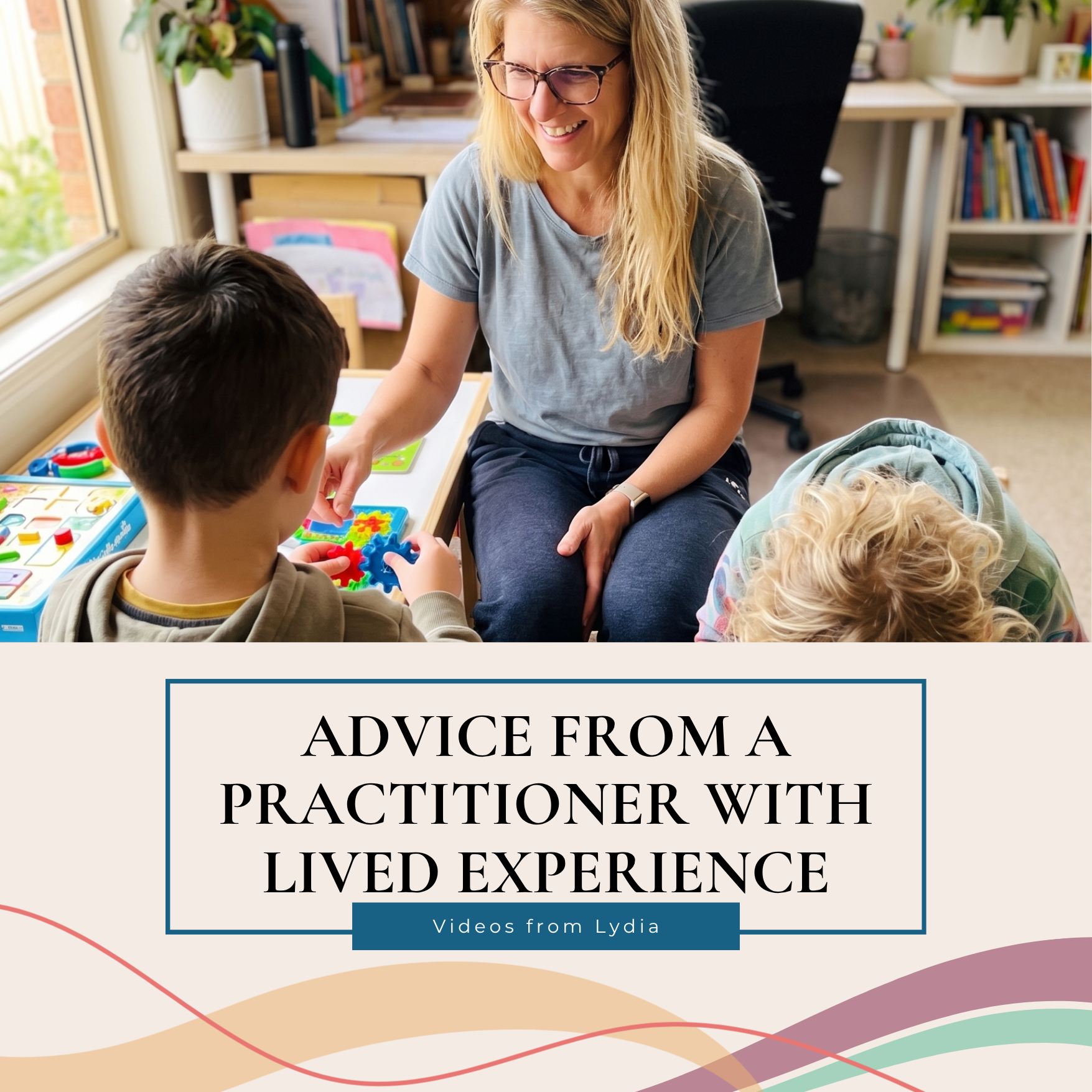 Woman smiling and talking with two children at a table with board games in a bright home office or classroom setting, colorful books, plants, and a window in the background.