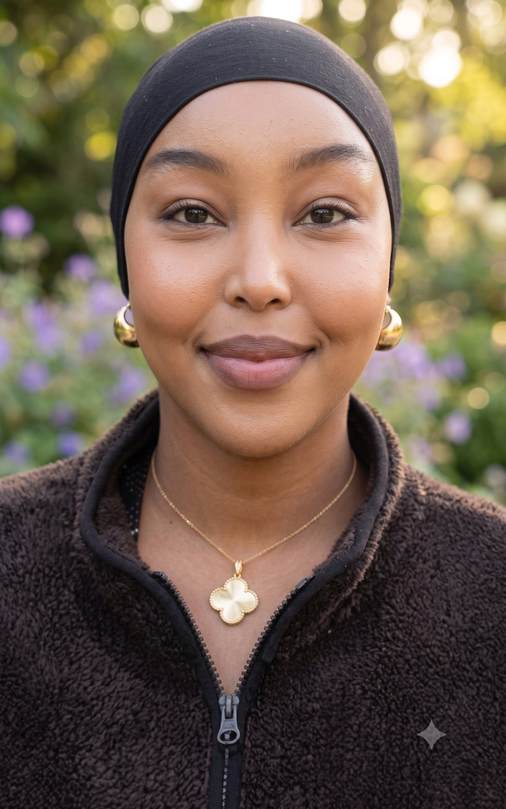 Close-up of a woman with a black headscarf, wearing gold hoop earrings and a gold necklace with a four-leaf clover pendant, smiling outdoors with blurred flowers and greenery in the background.