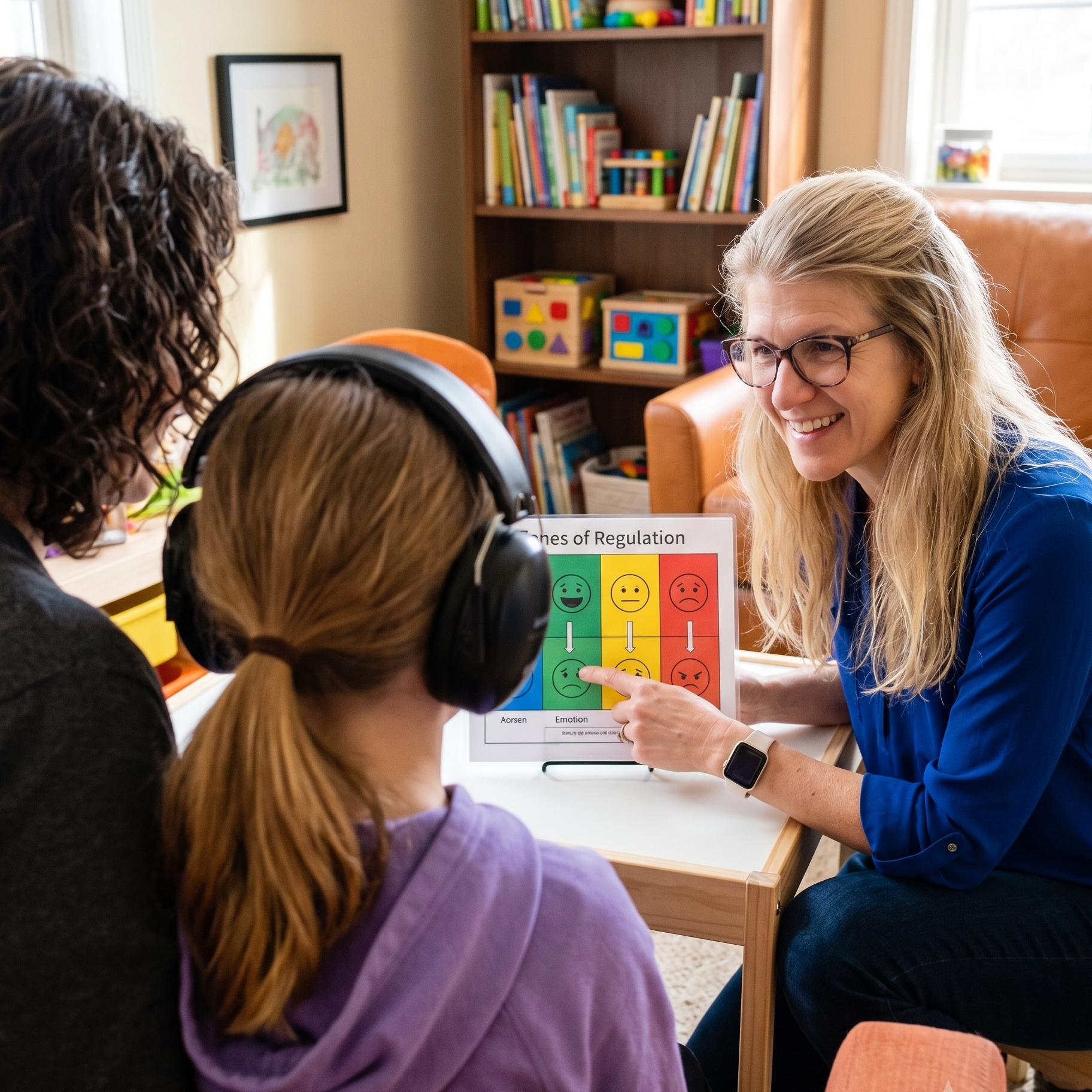 A woman wearing glasses is pointing at a chart about emotions on a table while talking to two children, one with curly hair and the other with straight, light brown hair wearing headphones. They are in a room with bookshelves and colorful children's books and toys.