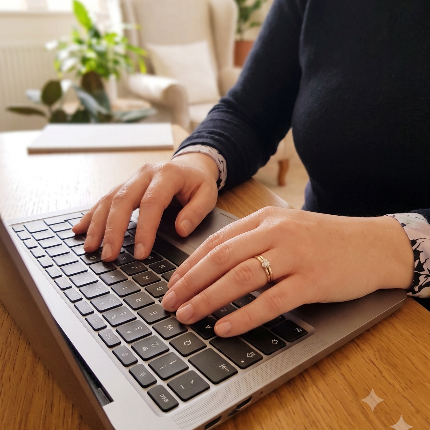Person typing on a laptop keyboard with a ring on their finger, sitting at a wooden table in a cozy room with a beige armchair and potted plants in the background.