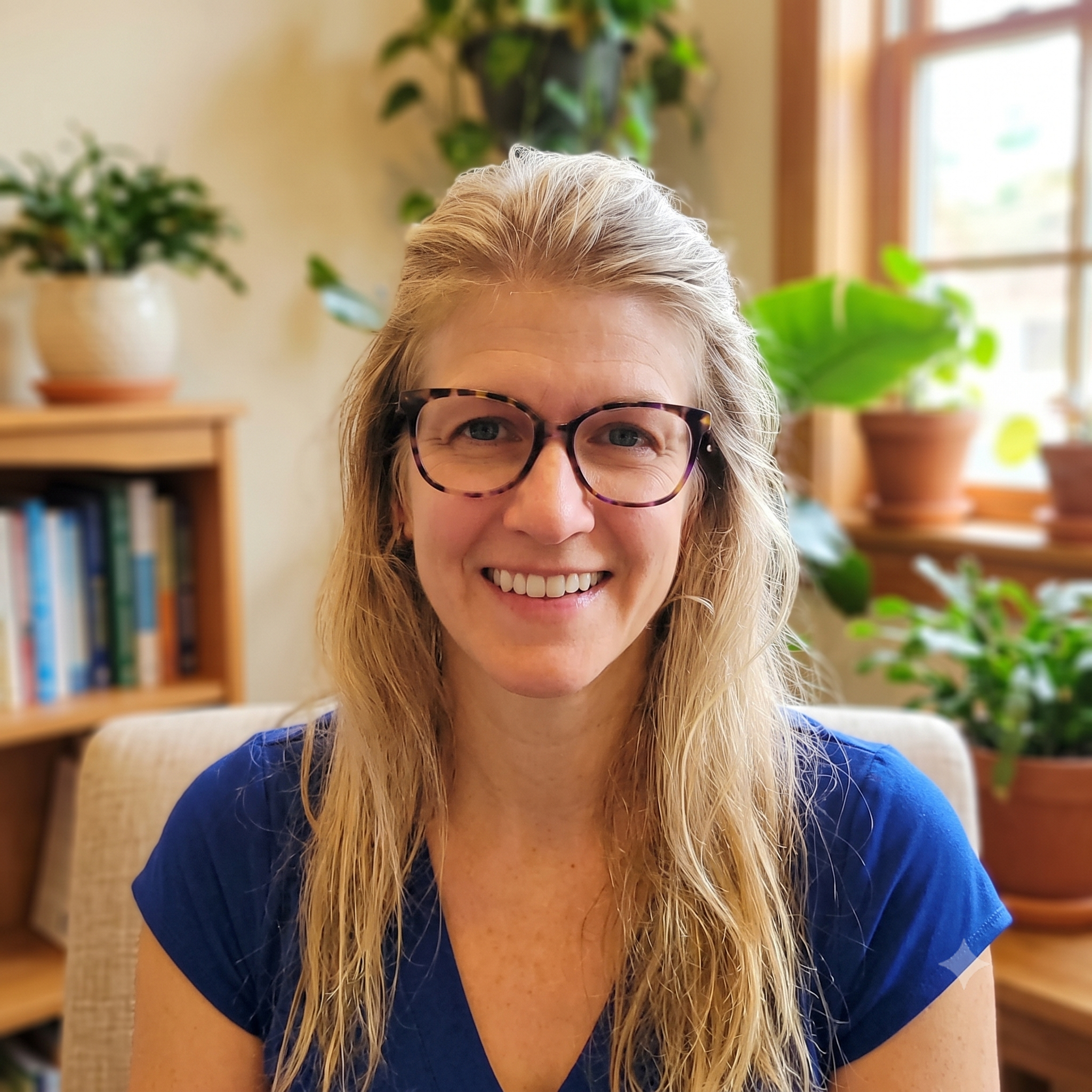 A woman with long blonde hair, wearing tortoiseshell glasses and a blue top, smiling inside a room with a bookshelf and houseplants in the background.