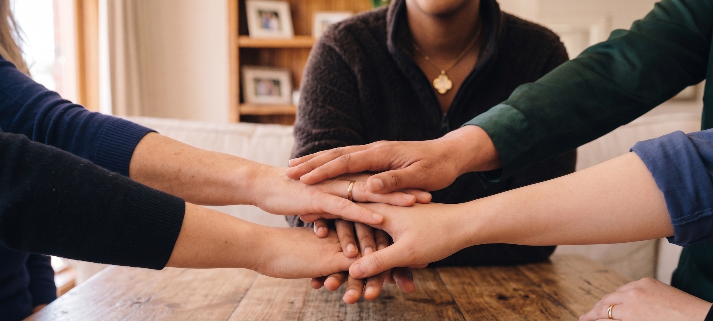 Multiple people placing their hands together in a circle, symbolizing unity and teamwork, on a wooden table in a cozy room.