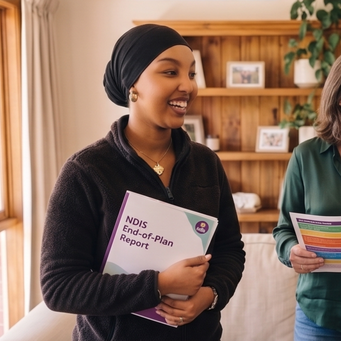 A woman with a black headscarf smiling and holding an 'NDIS End-of-Plan Report' booklet.