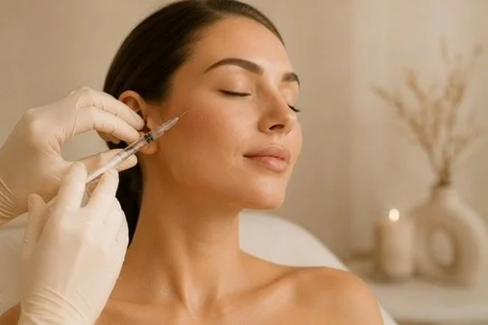 Close-up of a woman receiving a facial injection in a calm, spa-like setting with candles and decorative items in the background.