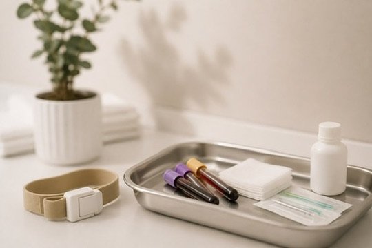 Hospital or medical supplies on a countertop, including blood collection tubes, alcohol wipes, a white medicine bottle, and a cloth.
