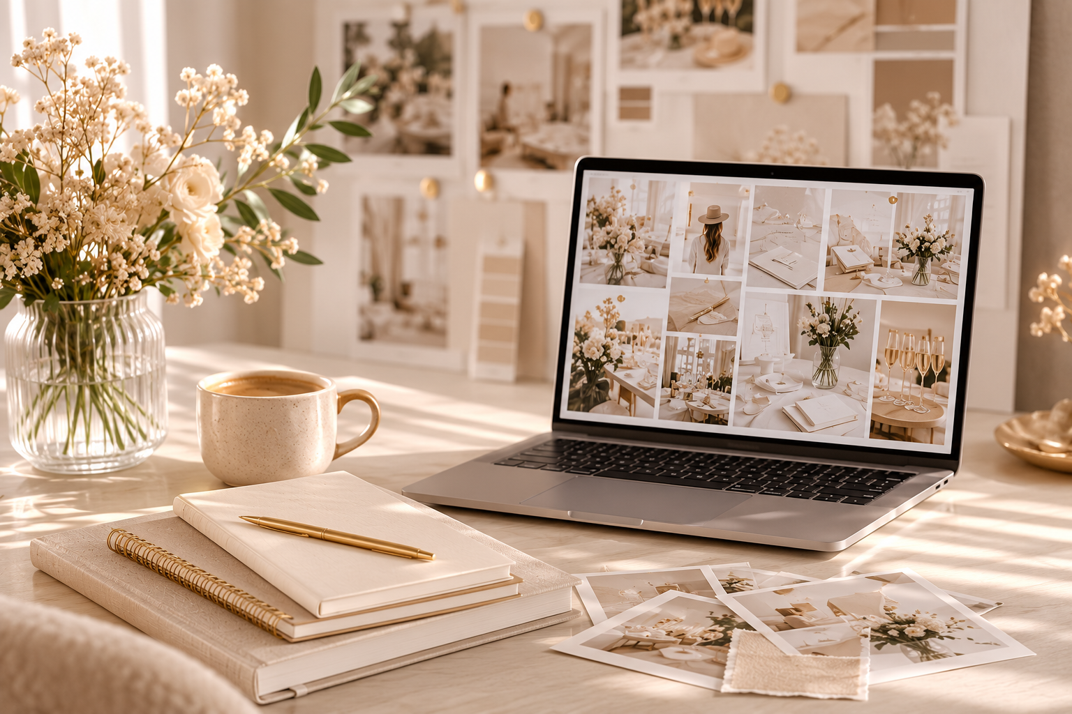 A workspace with a laptop displaying photos of a light and airy interior decor, a bouquet of white flowers in a glass vase, a cup of coffee, a gold pen on notebooks, and printed photos on a light-colored table.