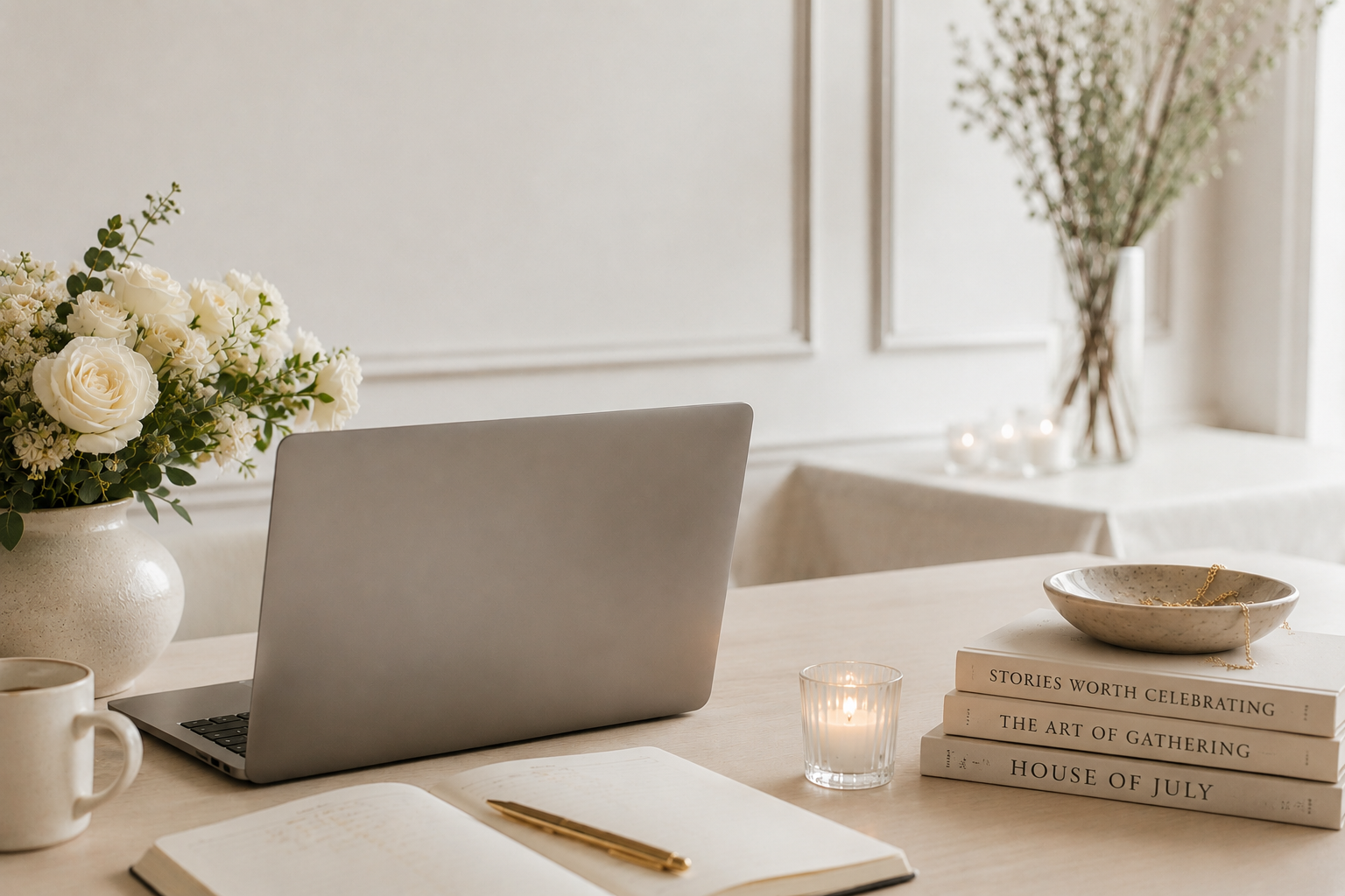 A well-decorated workspace with a laptop, open notebook, gold pen, stack of books, candle, mug, and floral arrangements in vases.