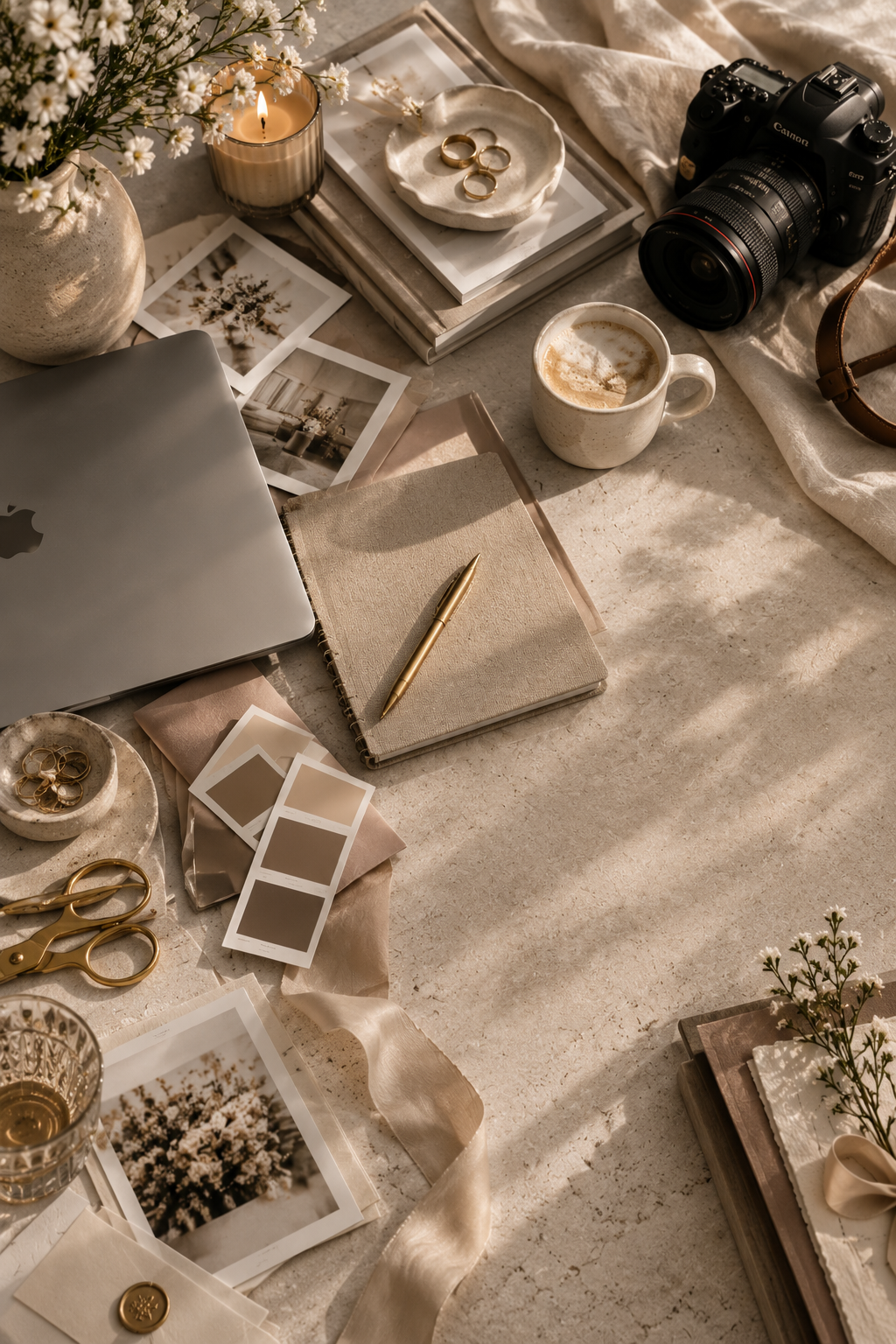 A workspace with a laptop, camera, notebooks, pens, photos, a cup of coffee, and decorative flowers and jewelry, arranged on a beige surface in natural light.