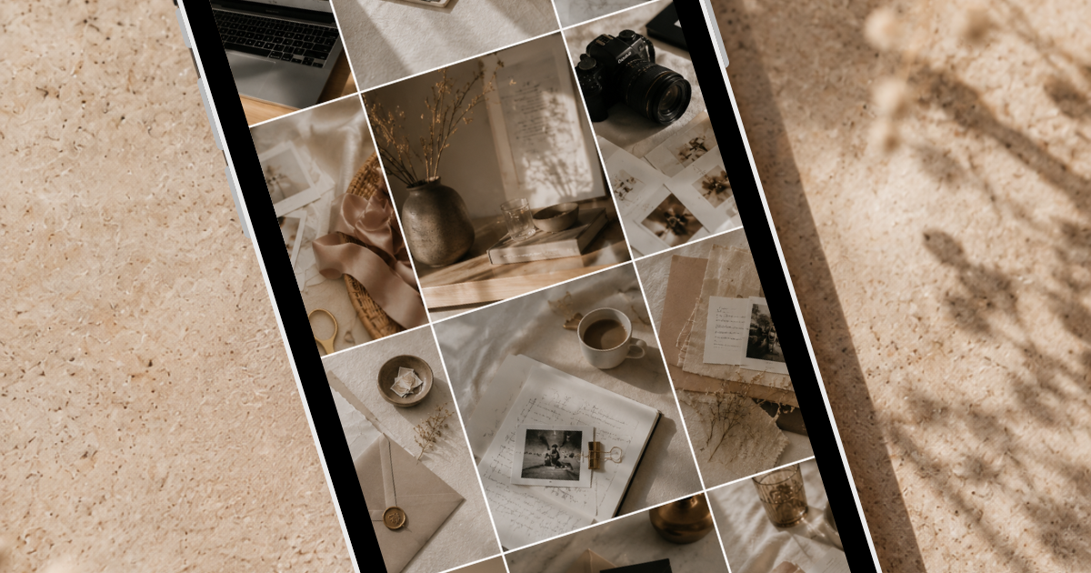 Smartphone screen displaying a collage of photos and objects, including a camera, a cup of coffee, a book, a vase with dried flowers, and stationery, on a sandy surface with shadows.