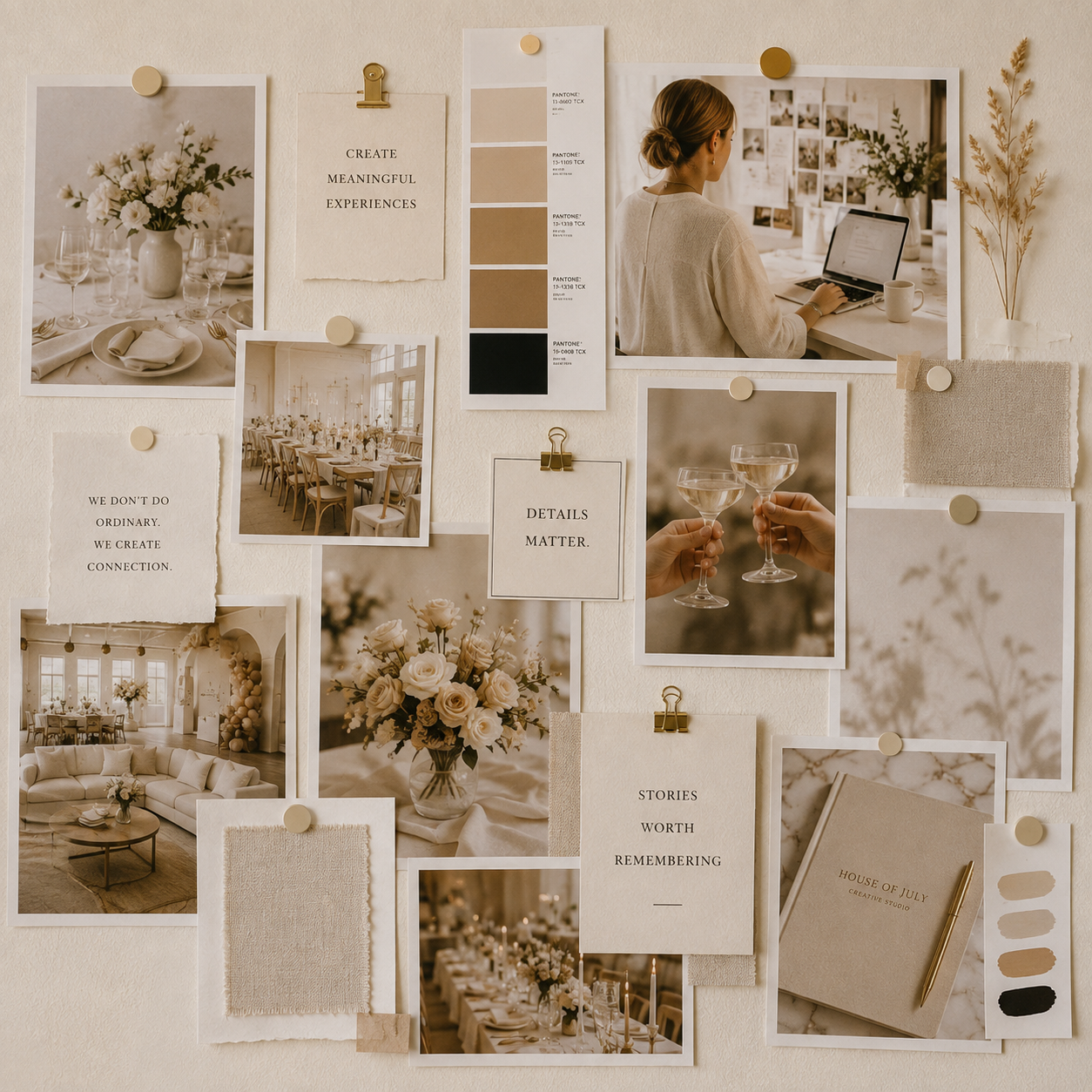 A collage on a wall featuring photographs of elegant event setups, such as flower arrangements, dining tables, and a woman working on a laptop. There are inspirational quotes, color swatches, and fabric samples interspersed alongside the photos.