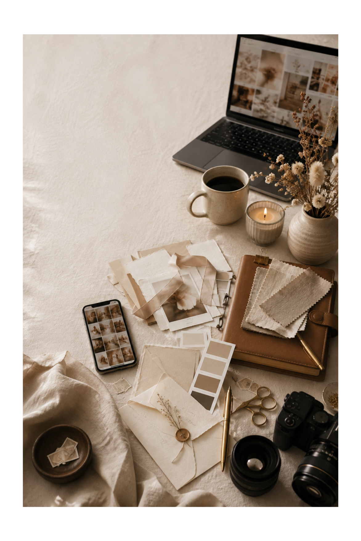 Flat lay of photography and design workspace with a laptop, smartphone, camera, coffee, candle, dried flowers, fabric swatches, photo prints, color palette samples, and stationery on a neutral surface.