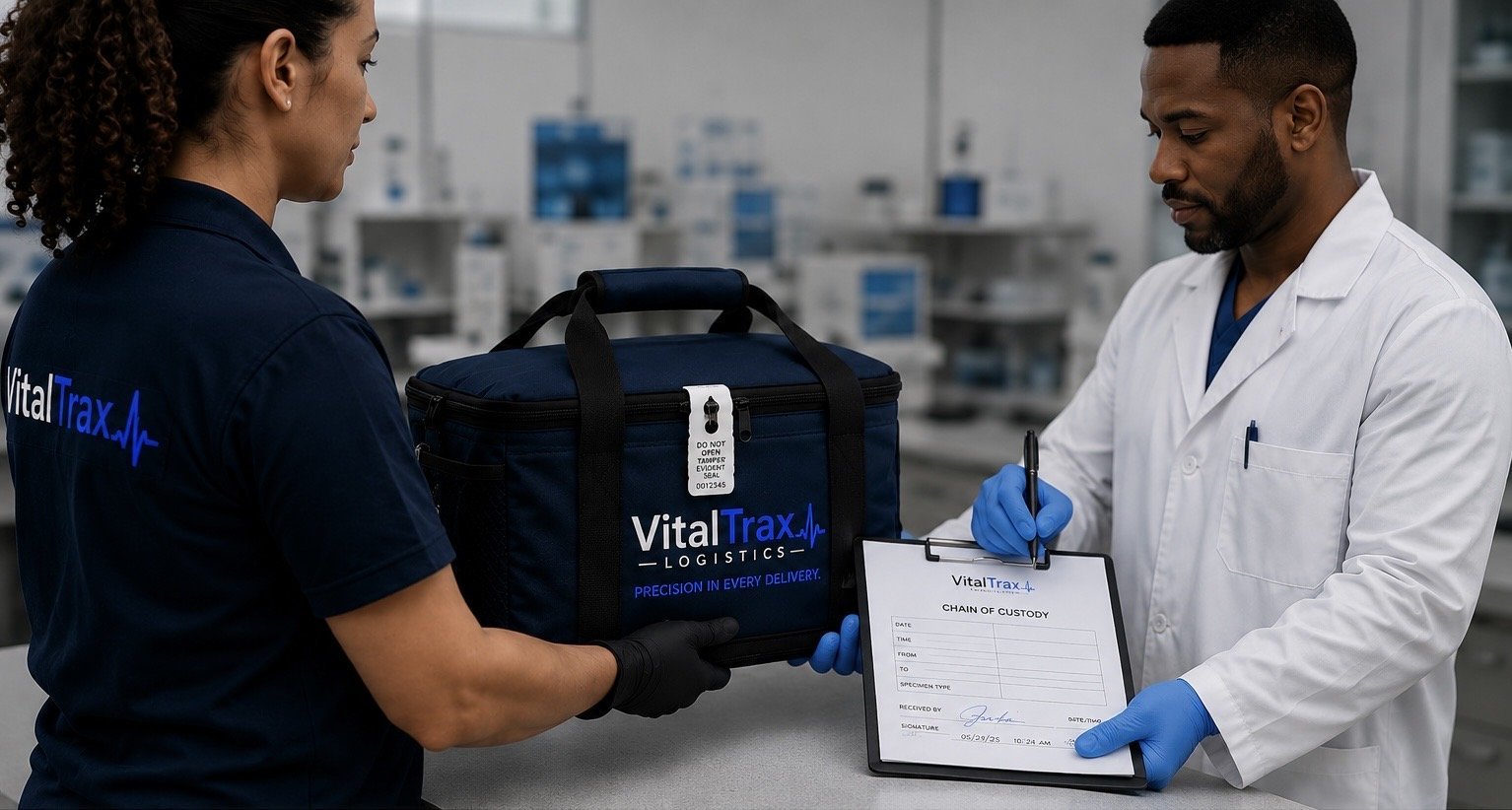 Two healthcare professionals handling a sealed cargo bag labeled VitalTrax Logistics in a medical facility, with one holding the bag and the other holding a clipboard.