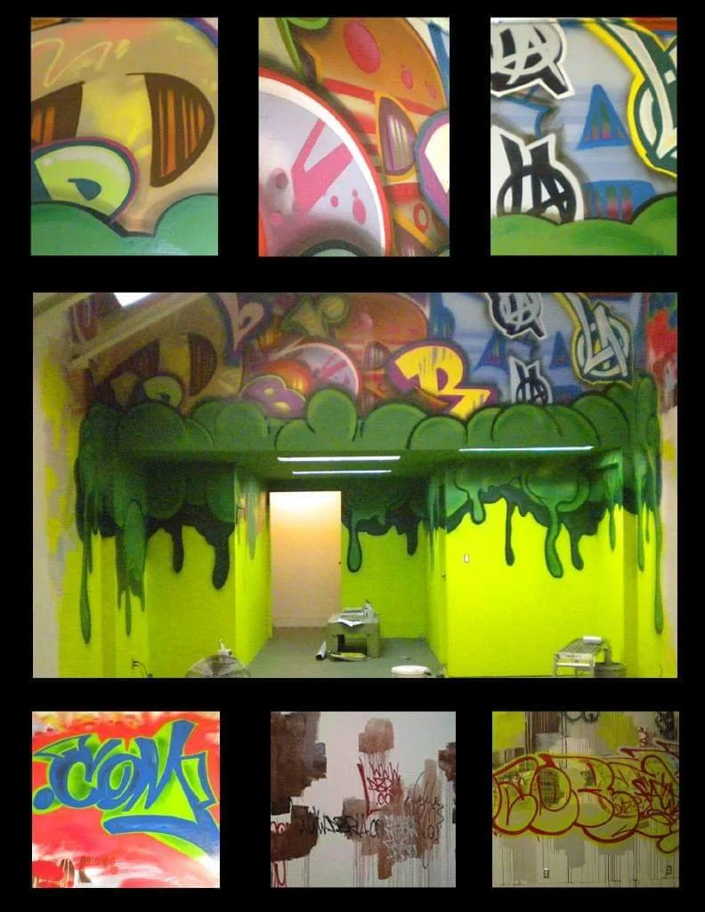 Various colorful graffiti art pieces on walls, including a large mural with green dripping paint, and smaller tags and spray-painted designs.