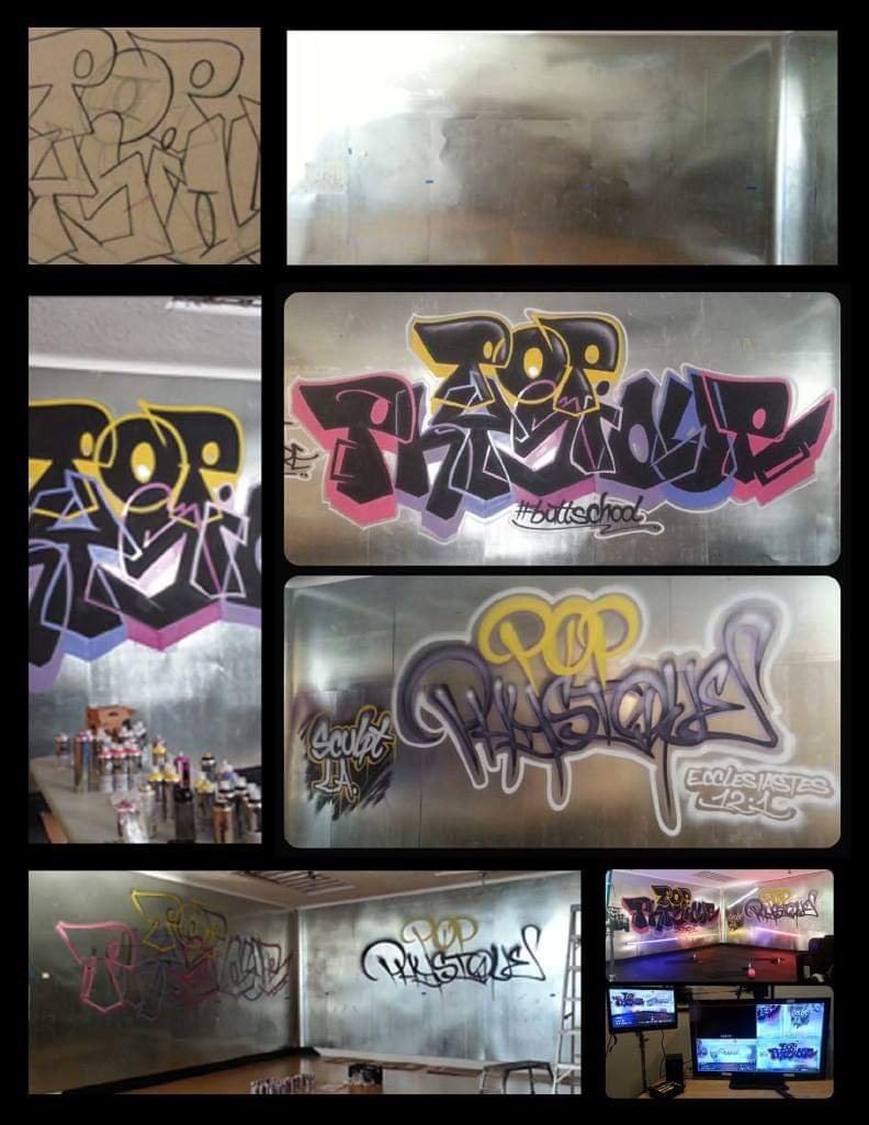 Multiple photos of a room with graffiti art on the walls, including colorful tags and designs, some with hashtags, along with spray paint cans on a table and computer monitors showing graffiti artwork.