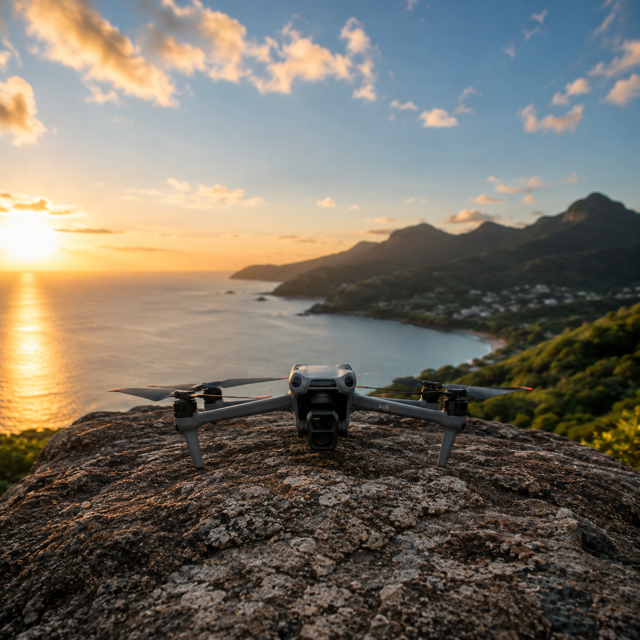 Drone sur une roche au coucher du soleil, surplombant une côte avec montagnes et mer.