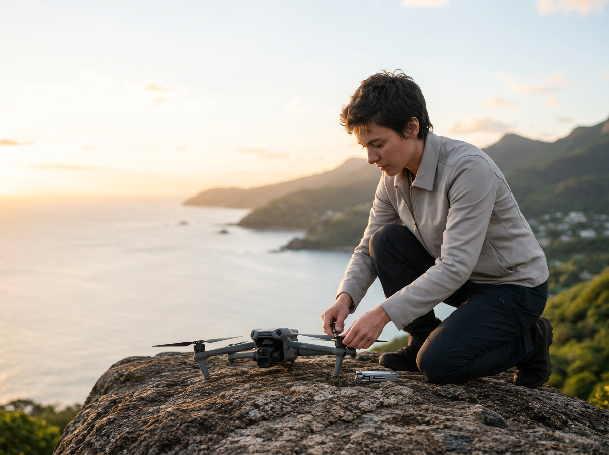 Une personne, un jeune homme, prépare un drone sur un rocher en haut d'une falaise avec une vue sur la mer et des montagnes au coucher du soleil.
