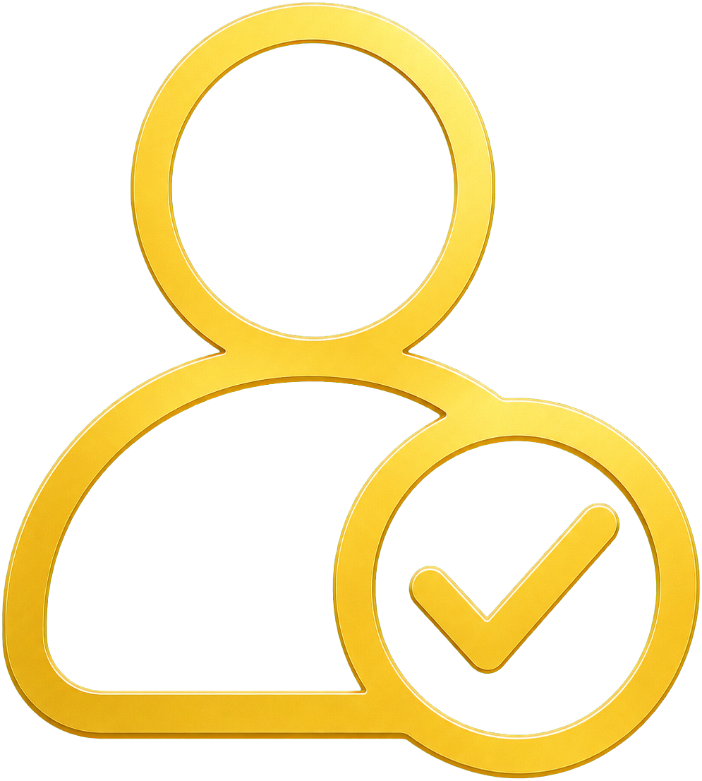 Gold outline icon of a person with a check mark inside a circle.