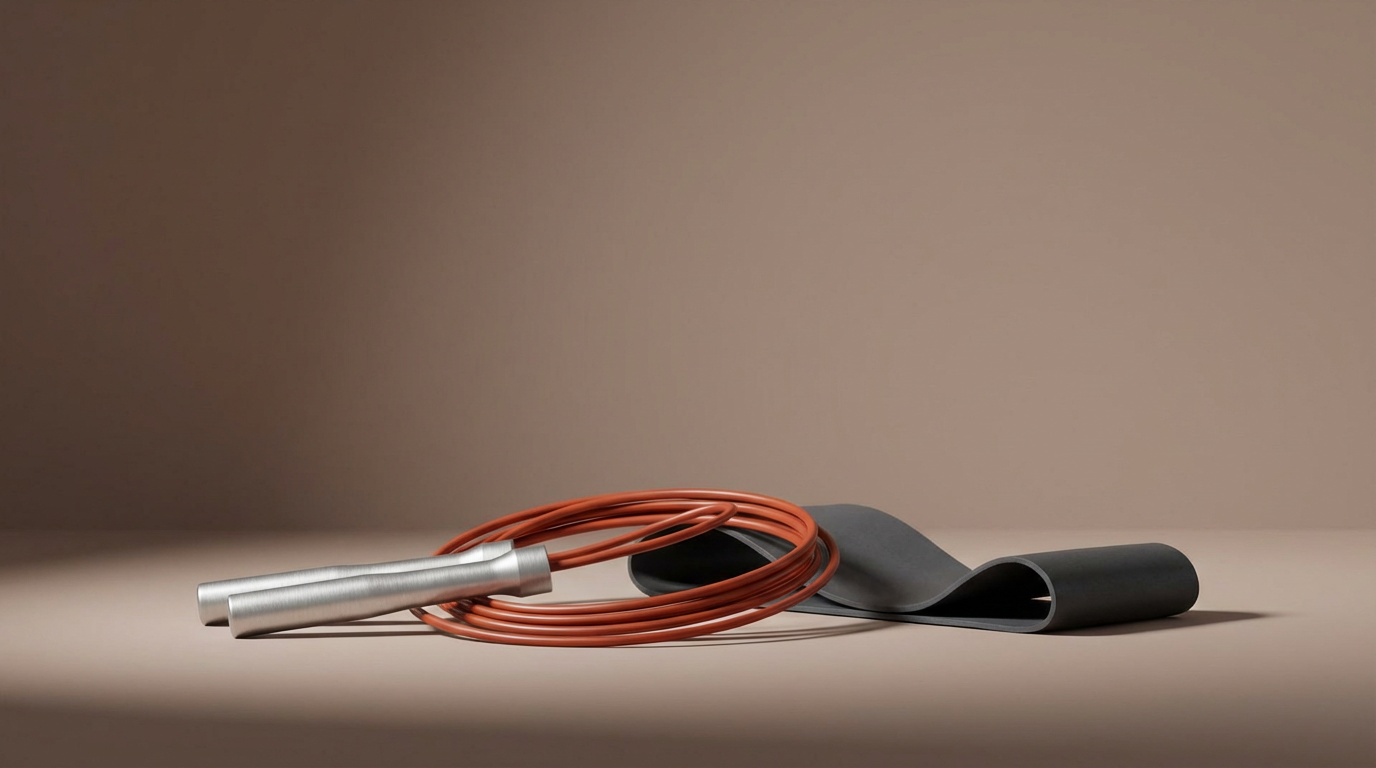 Jump rope with gray handles and orange cord, lying on a light-colored surface against a plain background.