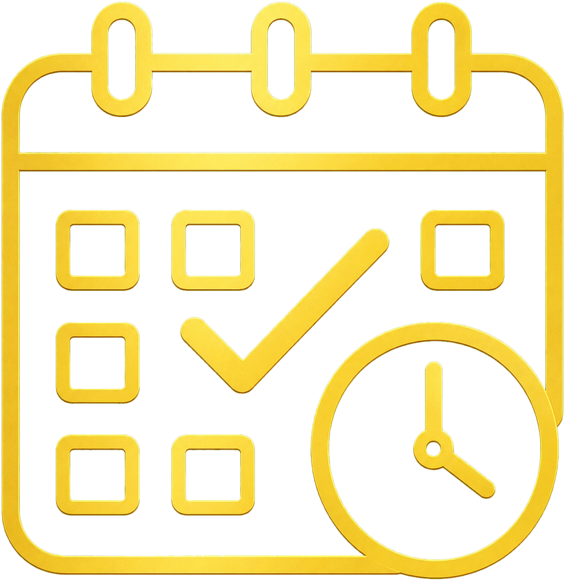 A gold calendar icon with checkmarks, a clock face, and a blue background.