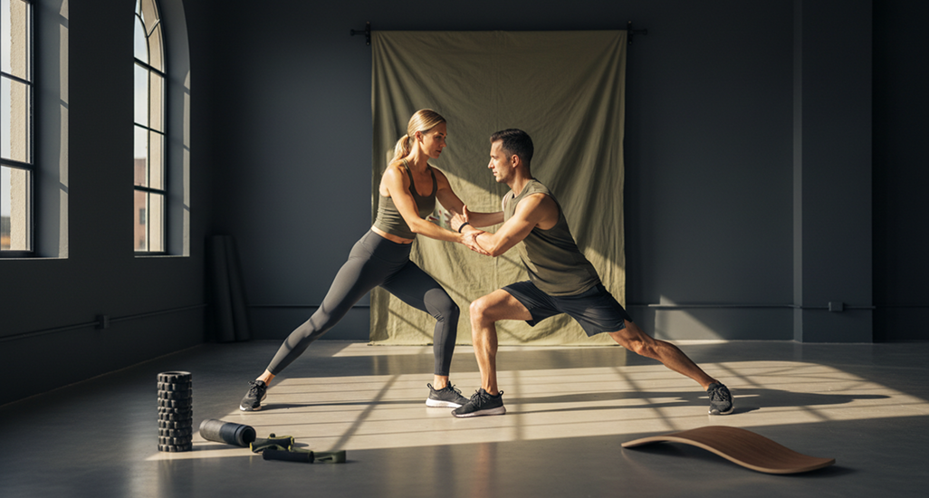 A man and woman practicing partner yoga or stretching in a fitness studio with large windows, foam rollers, a yoga mat, and fitness accessories on the floor.