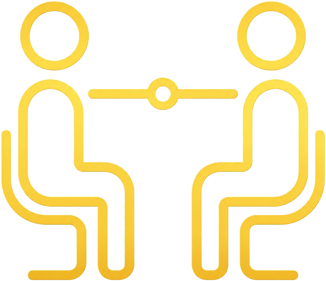 A yellow outline of a microchip or circuit board with a symmetrical design and circular elements, set against a light background.