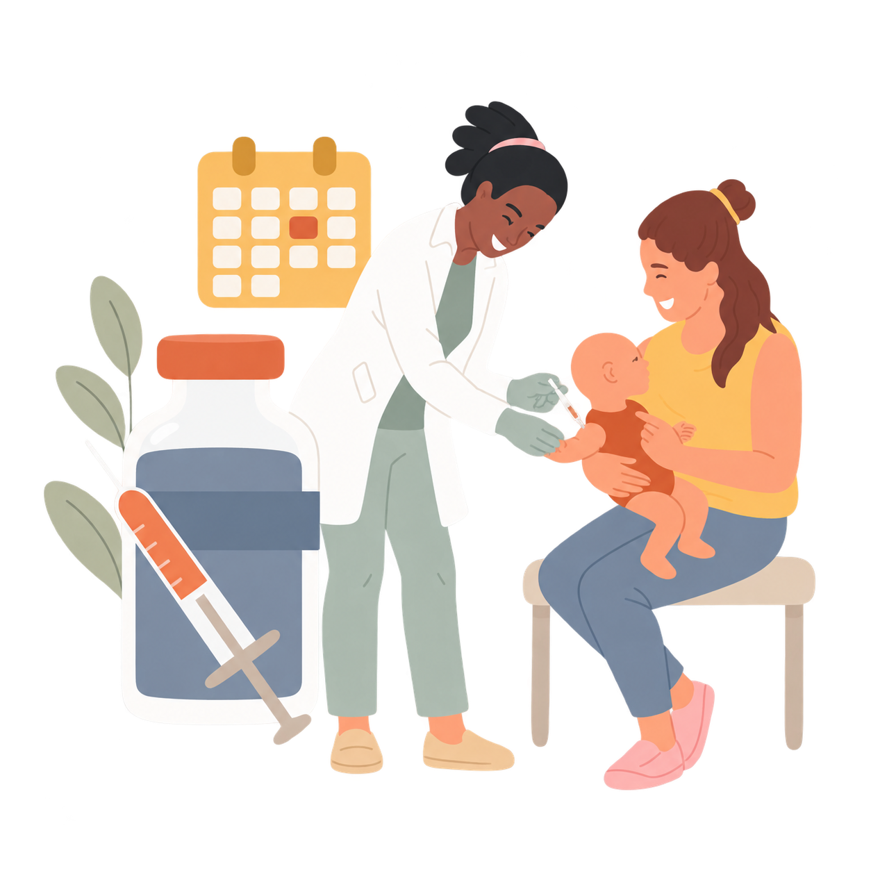 A healthcare worker in a white coat and gloves administering a vaccine to a smiling young woman holding a baby on her lap, with a large medicine bottle and a calendar in the background.