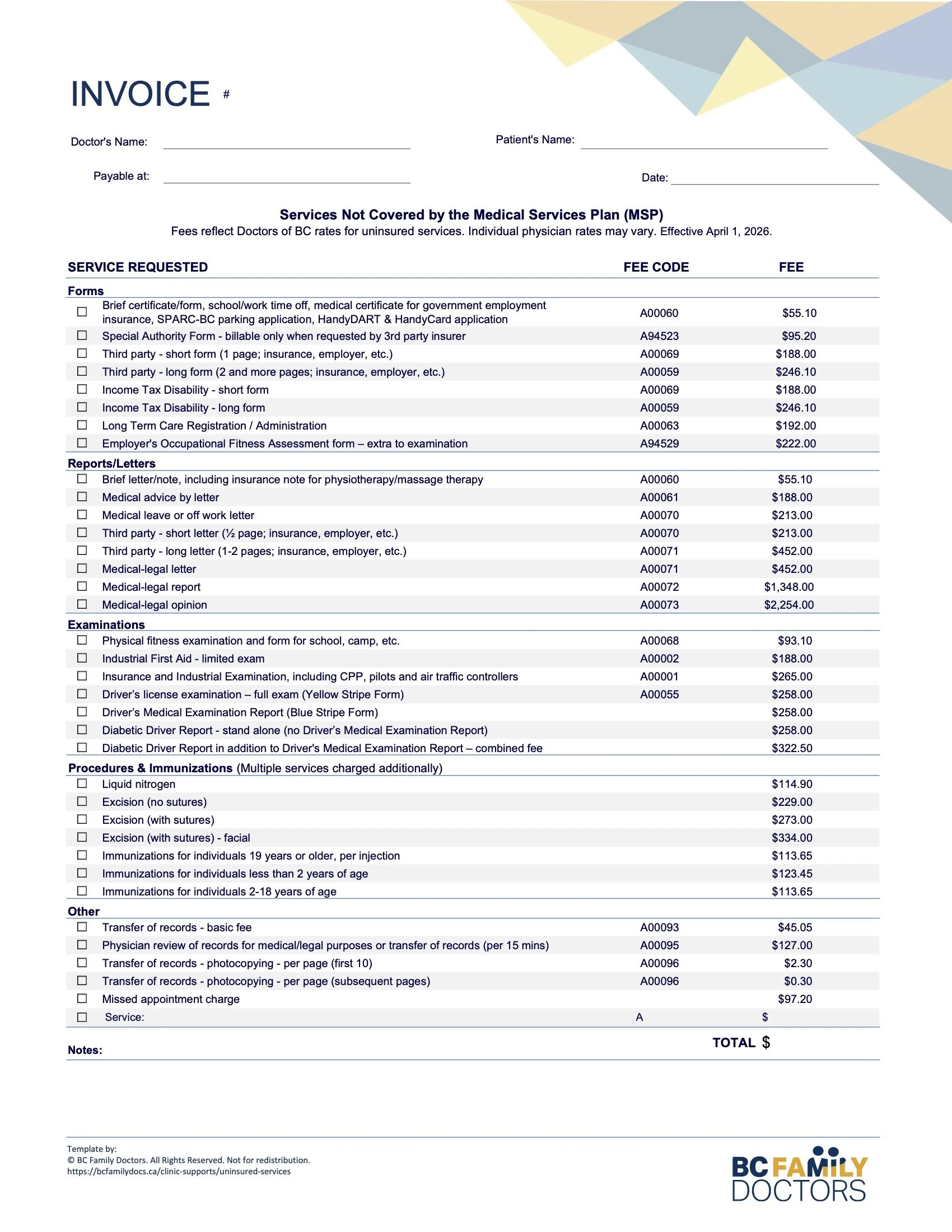 A detailed medical invoice from BC Family Doctors listing various services, procedures, and examinations with corresponding fees and checkboxes for selection.