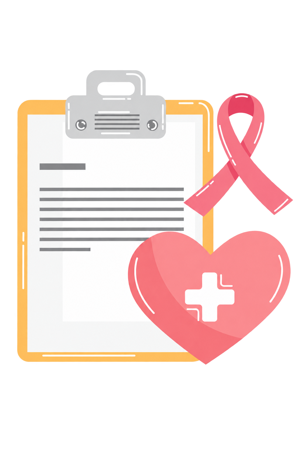 A clipboard with a health report, a pink ribbon, and a heart with a white medical cross symbol, representing breast cancer awareness and health care.