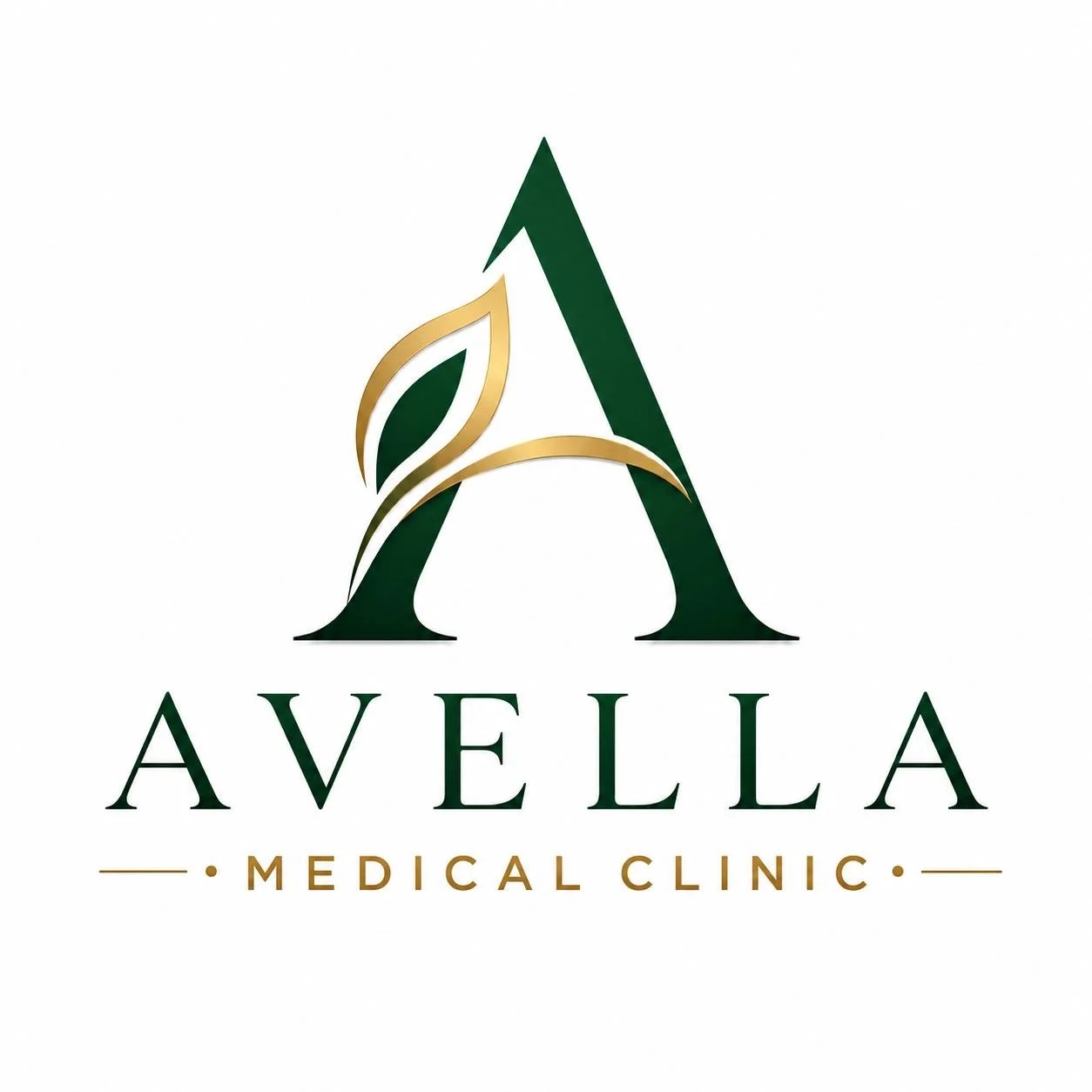 Logo for Avella Medical Clinic featuring a stylized green letter A with a gold leaf design, and the text "AVELL A" in uppercase with "MEDICAL CLINIC" written below.