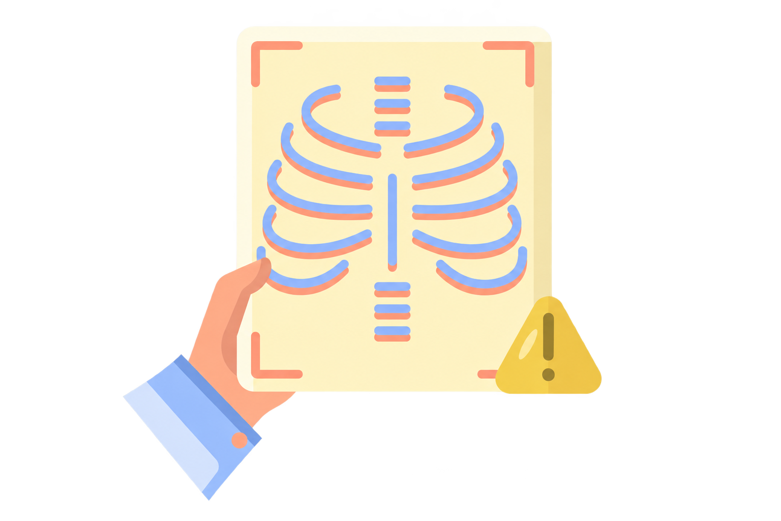 Digital illustration of a hand holding an X-ray image of a human chest with a warning icon at the bottom right corner, indicating a medical alert.