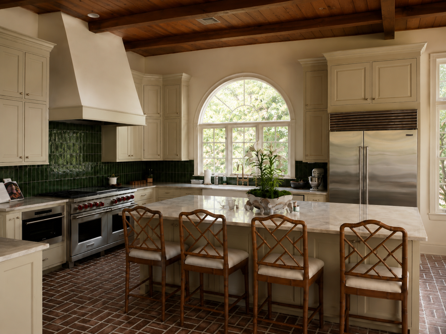 A kitchen with a large marble island, wooden barstools, cream cabinets, green tiled backsplash, stainless steel appliances, and a large arched window overlooking greenery.