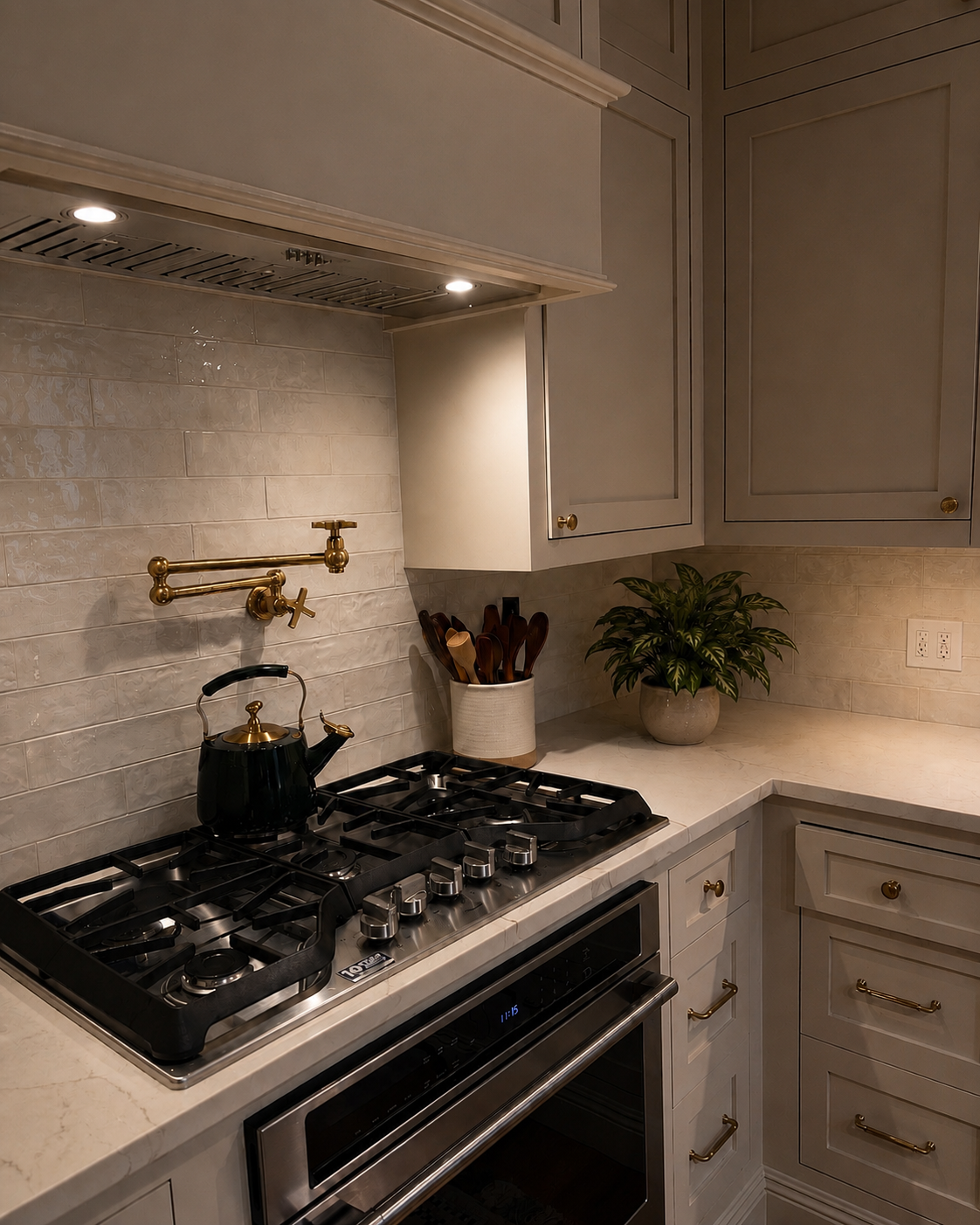 Kitchen with beige cabinets, a gas stove with a black teapot on it, a utensil holder with wooden spoons, a potted plant, and under-cabinet lighting.