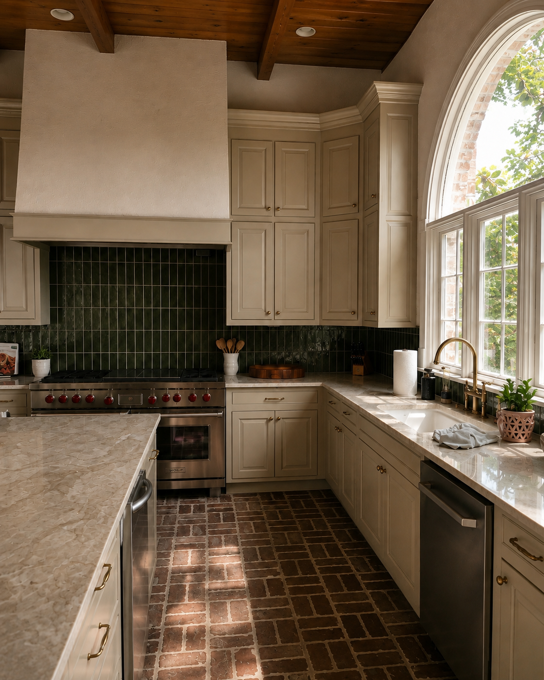 A cozy kitchen with cream-colored cabinets, a large window with an arched top, and brick flooring. The kitchen features a green tile backsplash, a stovetop, and various small kitchen items on the countertops.