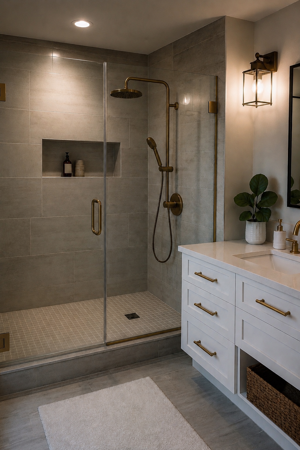 Modern bathroom with a glass-enclosed walk-in shower, brass fixtures, a white vanity with brass handles, a potted plant, and warm lighting.