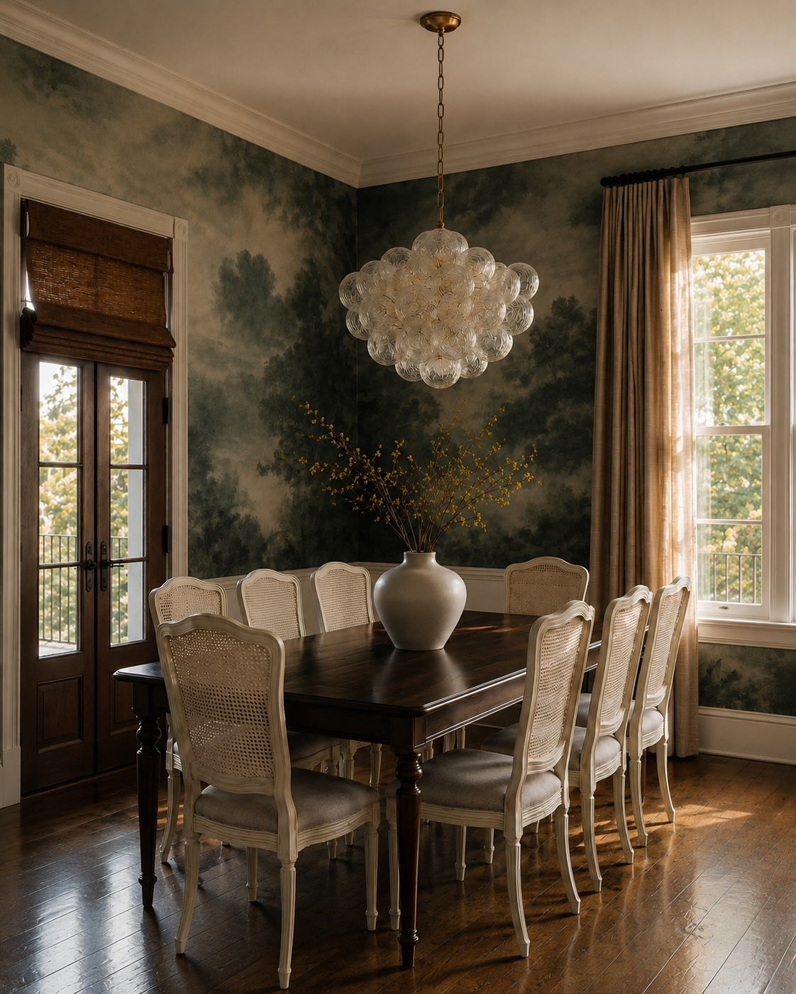 A dining room with a dark wooden table and eight white upholstered chairs, a large white vase with yellow flowers, a round glass chandelier, wooden framed windows, and a door leading outside, with greenery visible through the windows.