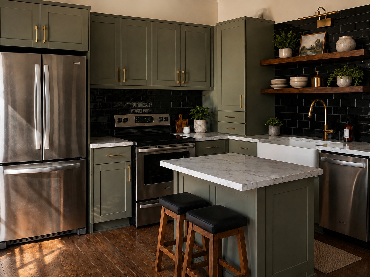 Modern kitchen with green cabinets, black subway tile backsplash, stainless steel appliances, and wooden shelves with decorative items