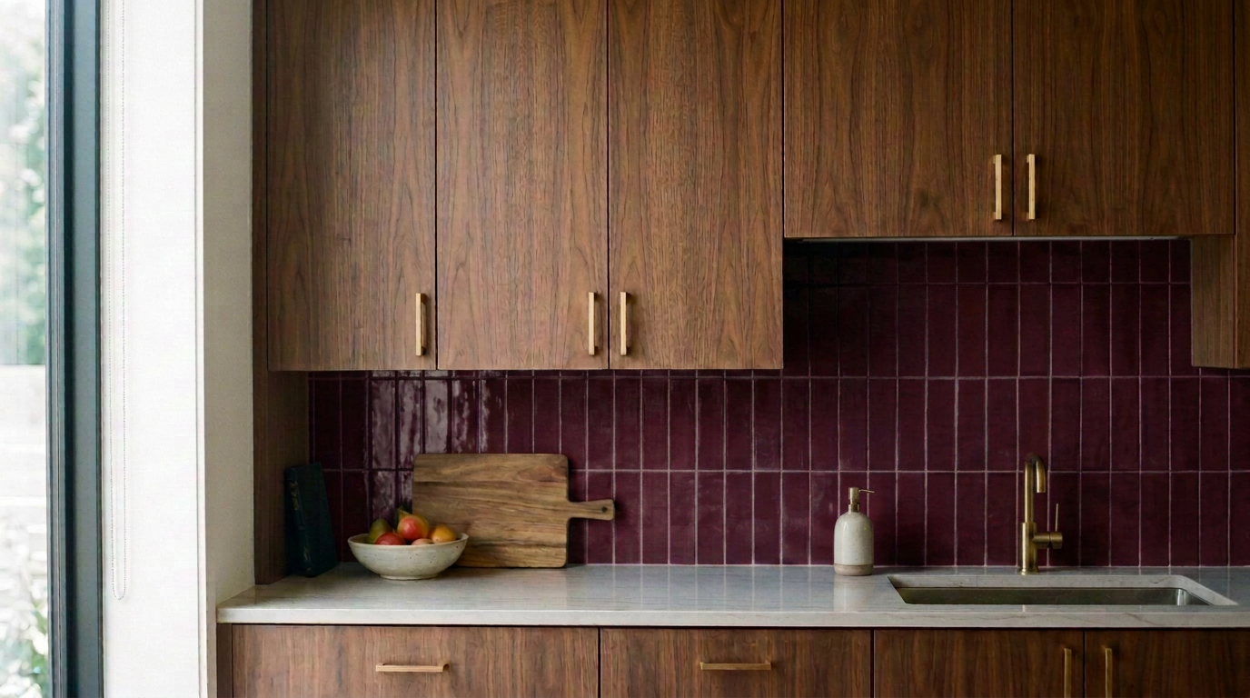 Kitchen with wooden cabinets, maroon tiled backsplash, white countertop, and a stainless steel sink with gold faucet. A bowl of apples, a wooden cutting board, and a soap dispenser are on the counter. Part of a window is visible on the left.