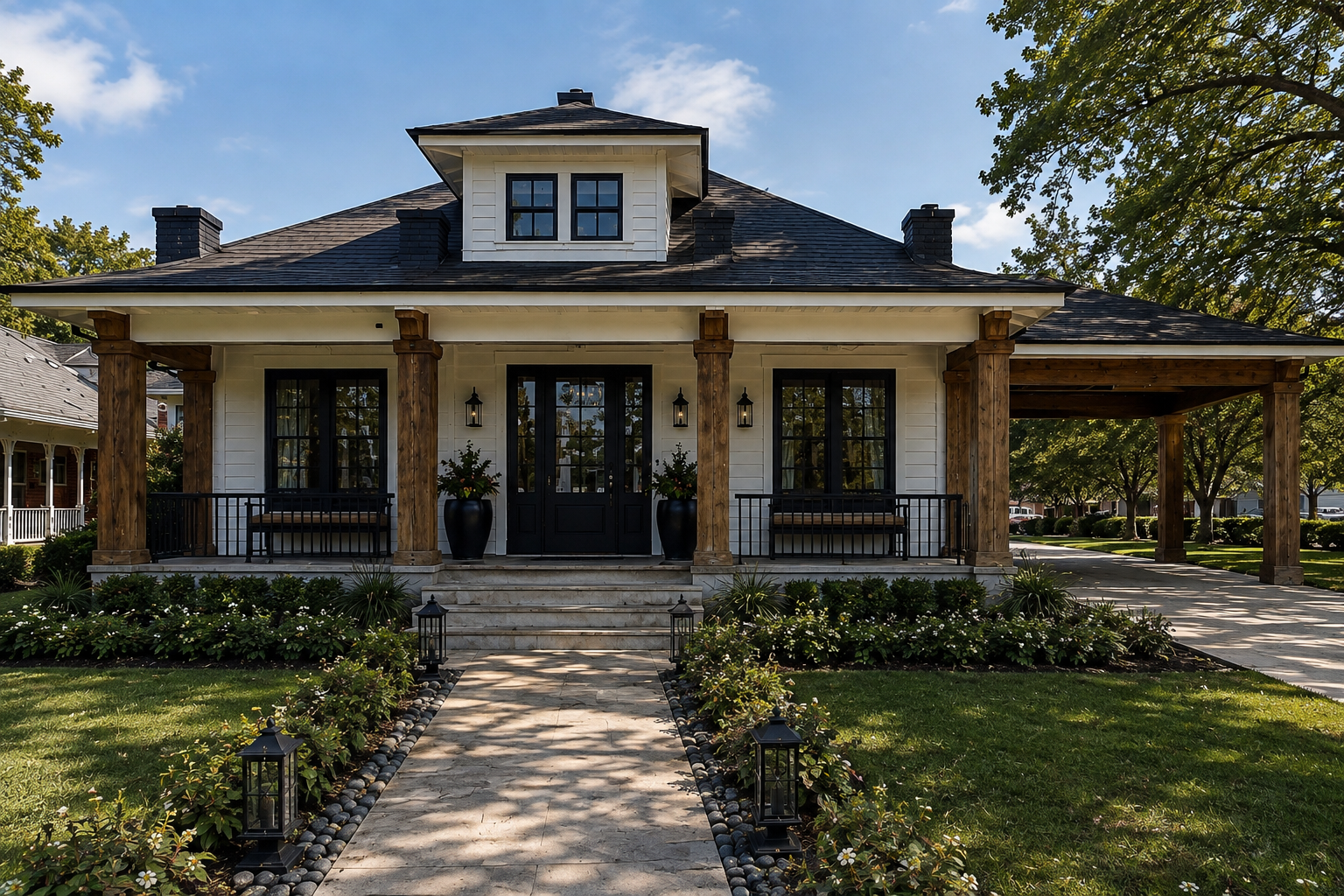 Front view of a modern house with a porch, black doors, large potted plants, and a beautifully landscaped yard with flowers and lanterns lining the pathway.