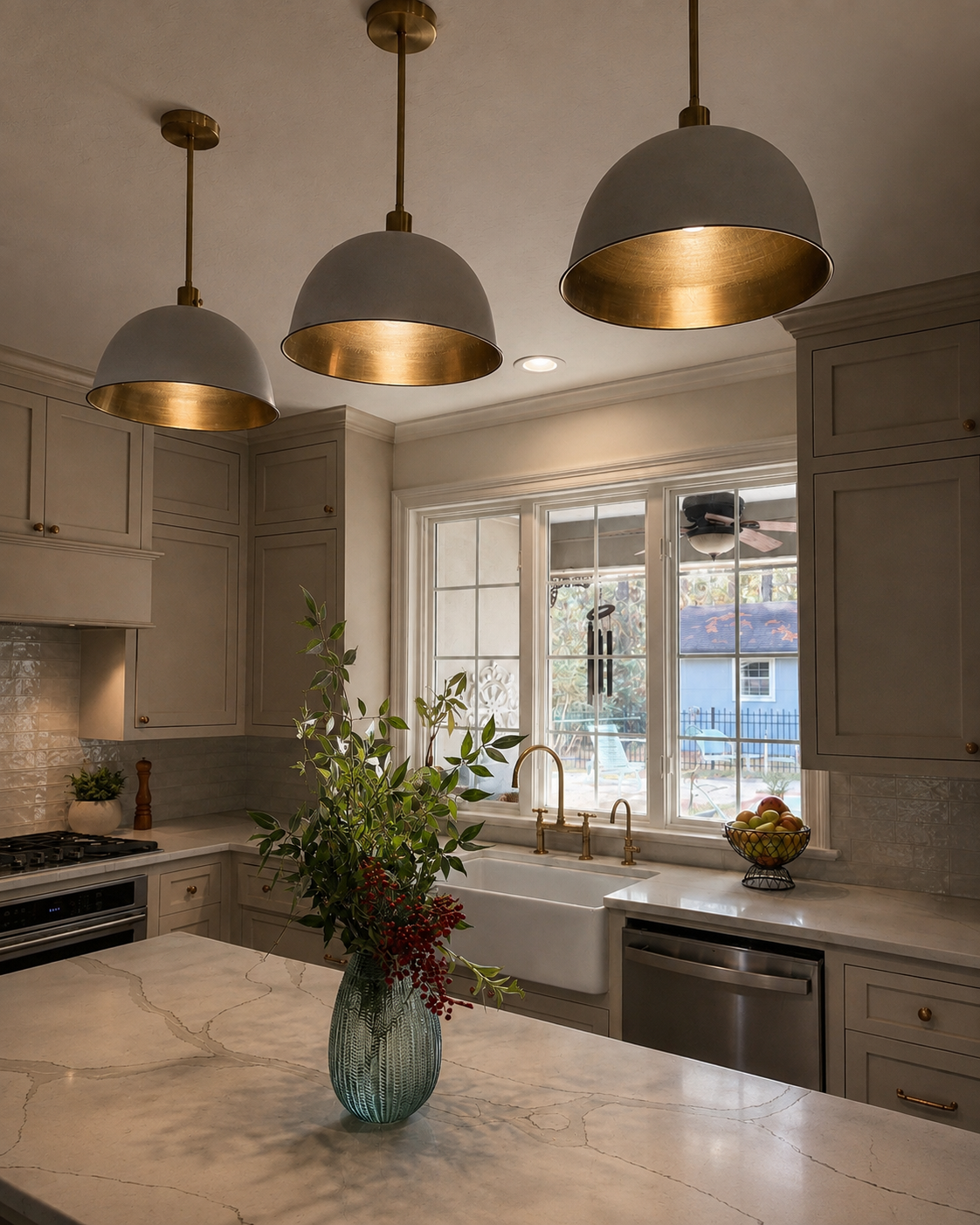 A modern kitchen with hanging pendant lights, a large window above a farmhouse sink with gold fixtures, beige cabinets, a marble countertop, a vase with greenery and red berries, and a bowl of fruit.